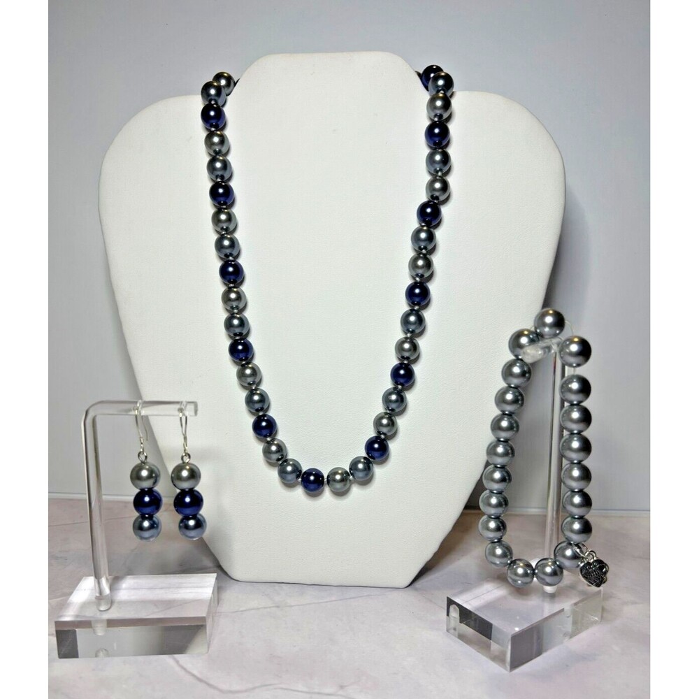 Blue/Gray South Pacific Shell Pearls Necklace, Bracelet & Earring Set, (0110)